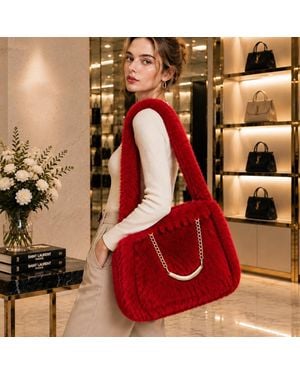 Fashnzfab Solid Plush Faux Fur Shoulder Tote Bag - Red