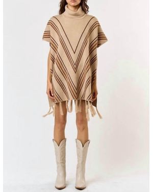 Lalavon Hallie Striped Tassel Sweater Poncho - Natural