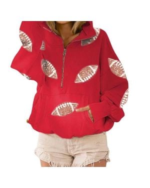 Bibi Football Sequin Patches Half Zip Hoodie - Red