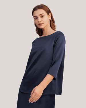 LILYSILK 3/4 Sleeve Boat Neck Silk Blouse For - Blue