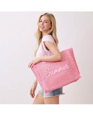 Fashnzfab Summer Embroidery Woven Straw Fringe Tote Shoulder Bag - Pink