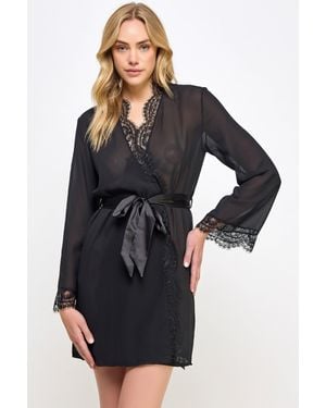 TRUEDAMES Elegant Lace-Trimmed Chiffon Wrap Robe - Black