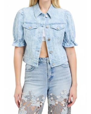 Risen Floral Puff Sleeve Cropped Denim Jacket - Blue