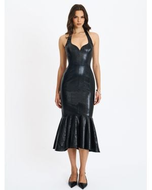 Miss Circle Gardenia Leather Midi Sweetheart Halter Flared Dress - Black
