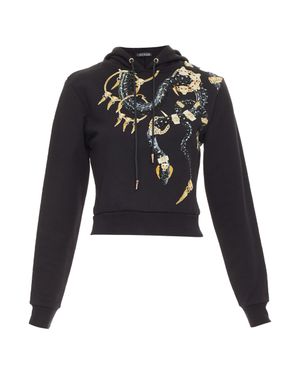 Roberto Cavalli Logo Print Crystal Cropped Hoodie - Black