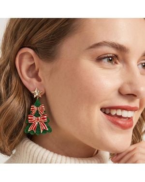 Fashnzfab Star Bow Embellished Christmas Tree Charm Drop Earrings - Brown