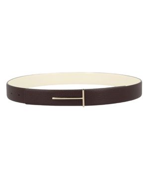 Tom Ford Leather Minimalist Metallic T Buckle Belt - Brown