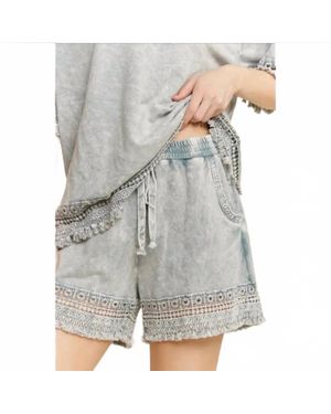 J. Her Mineral Washed Hollowout Fringe Tassels Hem Shorts - Gray