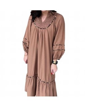 Umgee Lined Midi Dress With Bishop Sleeves - Brown