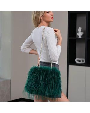 Fashnzfab Pearl Strap Handle Fuzzy Faux Fur Handbag Tote Bag - Gray