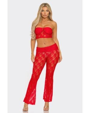 TRUEDAMES Lace Corset Crop Top And Flare Pants - Red