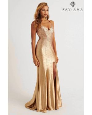 Faviana Satin Open Back Prom Dress - Metallic
