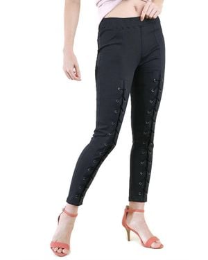 Umgee High Waist Leggings With Lace Up Details - Blue