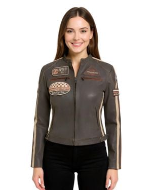 Infinity Leather Leather Biker Racing Badges Jacket-Dalby - Brown