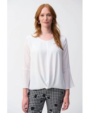 Joseph Ribkoff Crewneck Hi-Low 3/4 Bell Sleeves Top - White