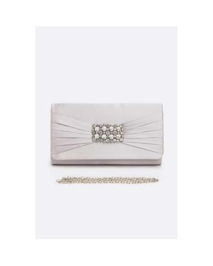 Fashnzfab Crystal Accent Satin Pleated Clutch Bag - White
