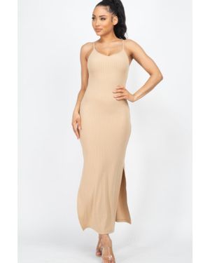 TRUEDAMES Ribbed Side Slit Long Cami Dress - Natural