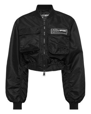 Philipp Plein Cropped Bomber Jacket Ls With Cargo Pockets - Black