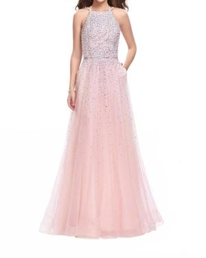 La Femme Metallic Beading Cascading Prom Dress - Pink