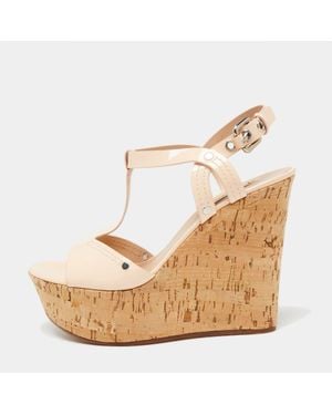 Casadei Pale Patent Leather Cork Wedge T Strap Sandals - Natural