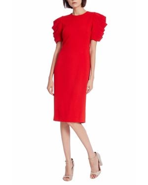 Badgley Mischka Pleated Drape Sleeve Sheath Dress - Red