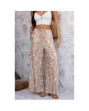 TRUEDAMES Allover Print Drawstring Pockets Wide Leg Pants - Brown