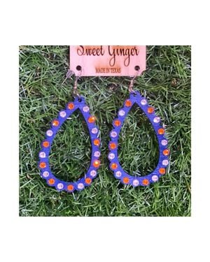 Sweet Ginger Astros Teardrop Scalloped Wood Earrings With & Clear Rhinestones - Green