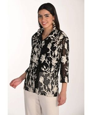 FRANK LYMAN Floral Collar Top - Black