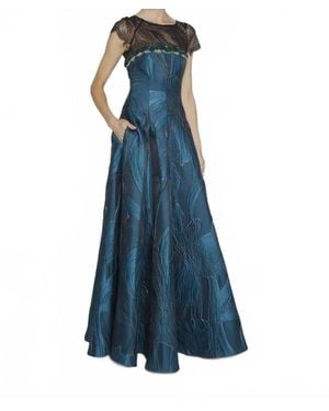 Talbot Runhof Floral Jacquard Lace-Inset Gown Dress - Blue