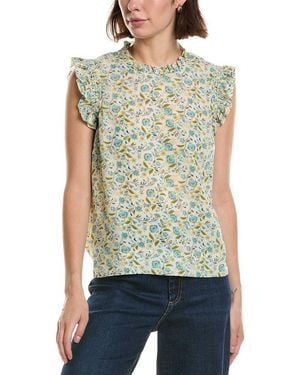 Tahari Shirred Ruffle Sleeve Printed Woven Top - Green