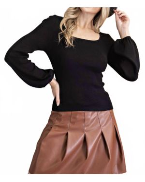 Eesome Penny Puff Sleeve Back Tie Sweater Top - Black
