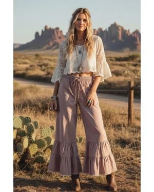 Mustard Seed Washed Woven Tiered Ruffle Wide Leg Pants - Pink