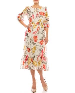 Maison Tara Floral Chiffon A-Line Dress - White