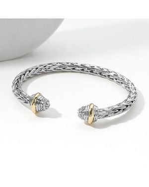 Fashnzfab Stone Paved Tip Two Tone Metal Braided Cuff Bracelet - Metallic