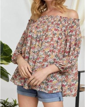 Davi & Dani Floral Smocked Off Shoulder Top - Brown