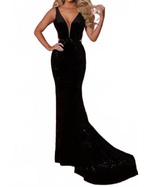 Johnathan Kayne Sequin Embroidered V-Neck Evening Dress - Black