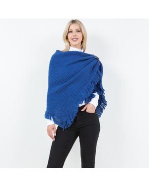 TRUEDAMES Fringe Knit Open Front Shawl Wrap Poncho - Blue