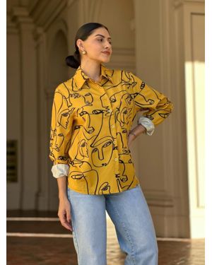 TRUEDAMES Face Print Long Sleeve Button Down Blouse - Yellow