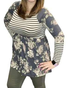 Honeyme Floral Stripe Babydoll Tunic Top - Gray