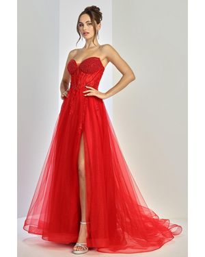 TRUEDAMES Beaded Corset Strapless Ball Gown Prom Dress - Red