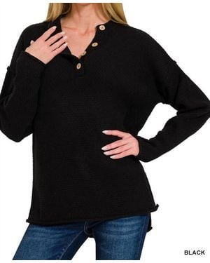 Zenana Henley Basic Sweater - Black