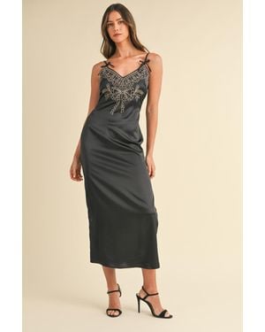 TRUEDAMES Mable Embroidered Cami Satin Midi Slit Dress - Natural