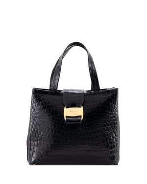 Ferragamo Convertible Vara Bow Tote Crocodile Embossed Leather - Black