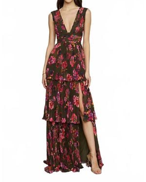 AMUR Earthy Garden Fleur Deep V Pleated Gown - Red