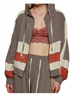 Pol Vintage Washing Double Gauze Patch Solid Hooded Zip Up Top - Brown