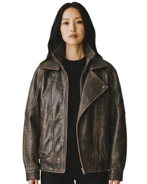 Infinity Leather Cow Leather Big Bomber Biker Blouson Oversized Jacket - Black