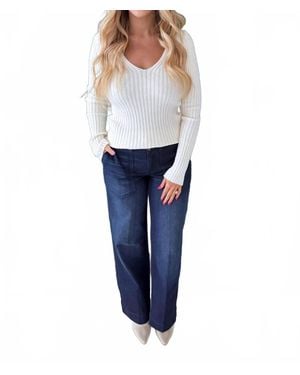 Mystree Plunging V Neck Sweater Top - Blue