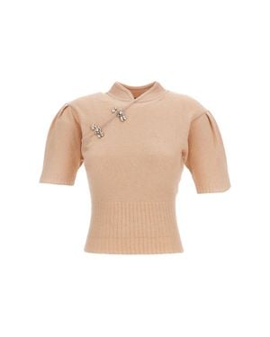 Simone Rocha Mandarin Collar Puff Sleeve Cashmere Sweater - White