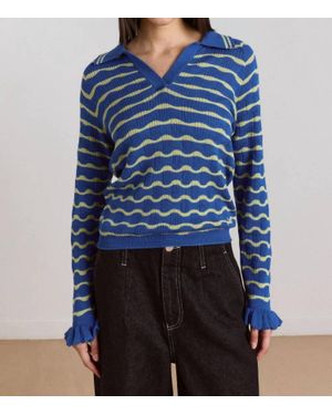 Damson Madder Silvia Knitted Stripe Polo Sweater - Blue