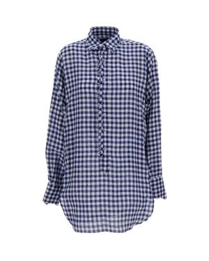 Jejia Gingham Linen Shirt Dress With Fringed Collar - Blue